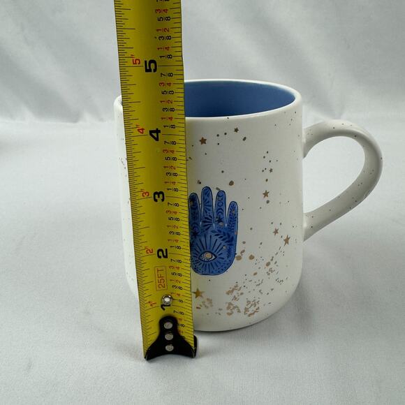 Hamsa Hand Ceramic Coffee Tea Mug 20 oz Blue Hand Gold Colored Stars Evil Eye - Picture 10 of 11